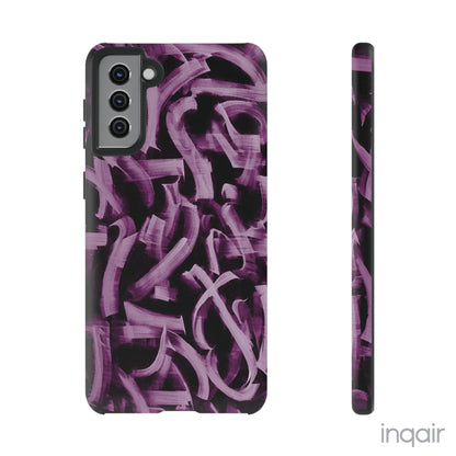 Black phone case with artistic purple brush stroke design compatible with iPhone and Samsung models, stylish and durable protective cover.