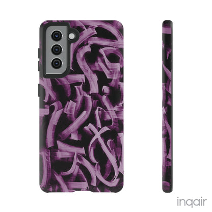 Black phone case with artistic purple brush stroke design compatible with iPhone and Samsung models, stylish and durable protective cover.