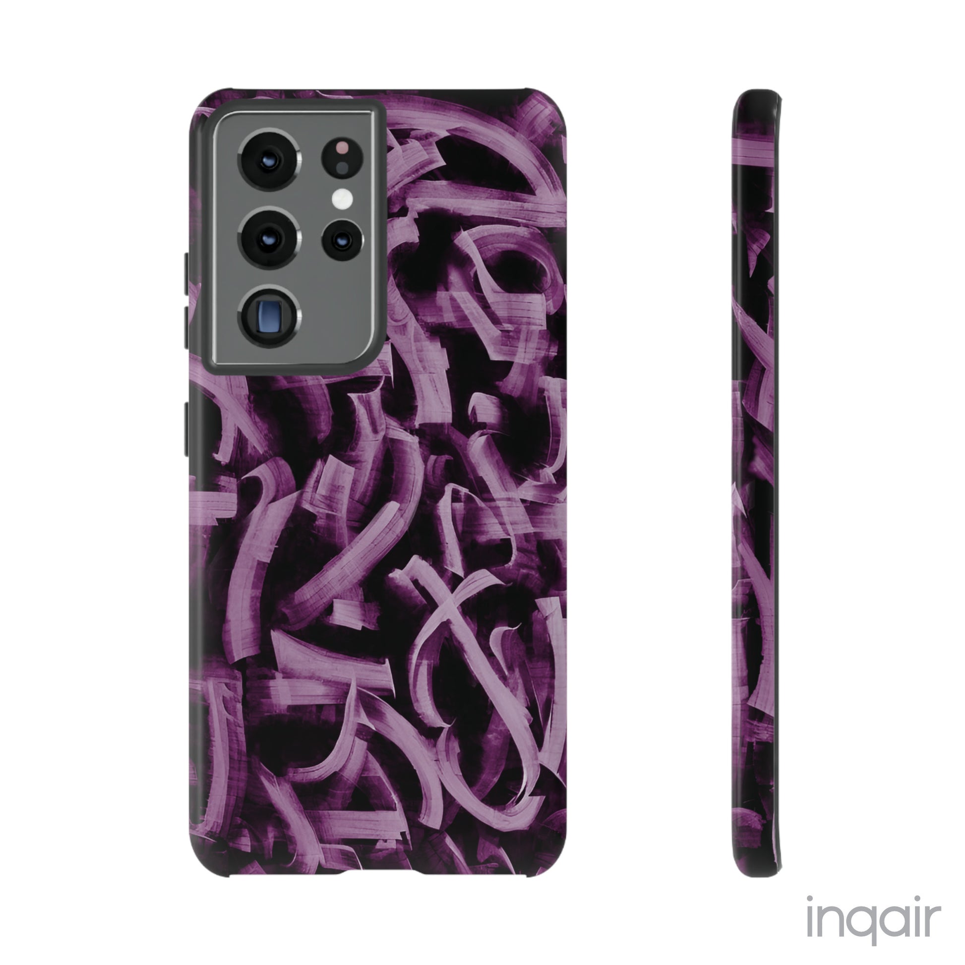 Black phone case with artistic purple brush stroke design compatible with iPhone and Samsung models, stylish and durable protective cover.