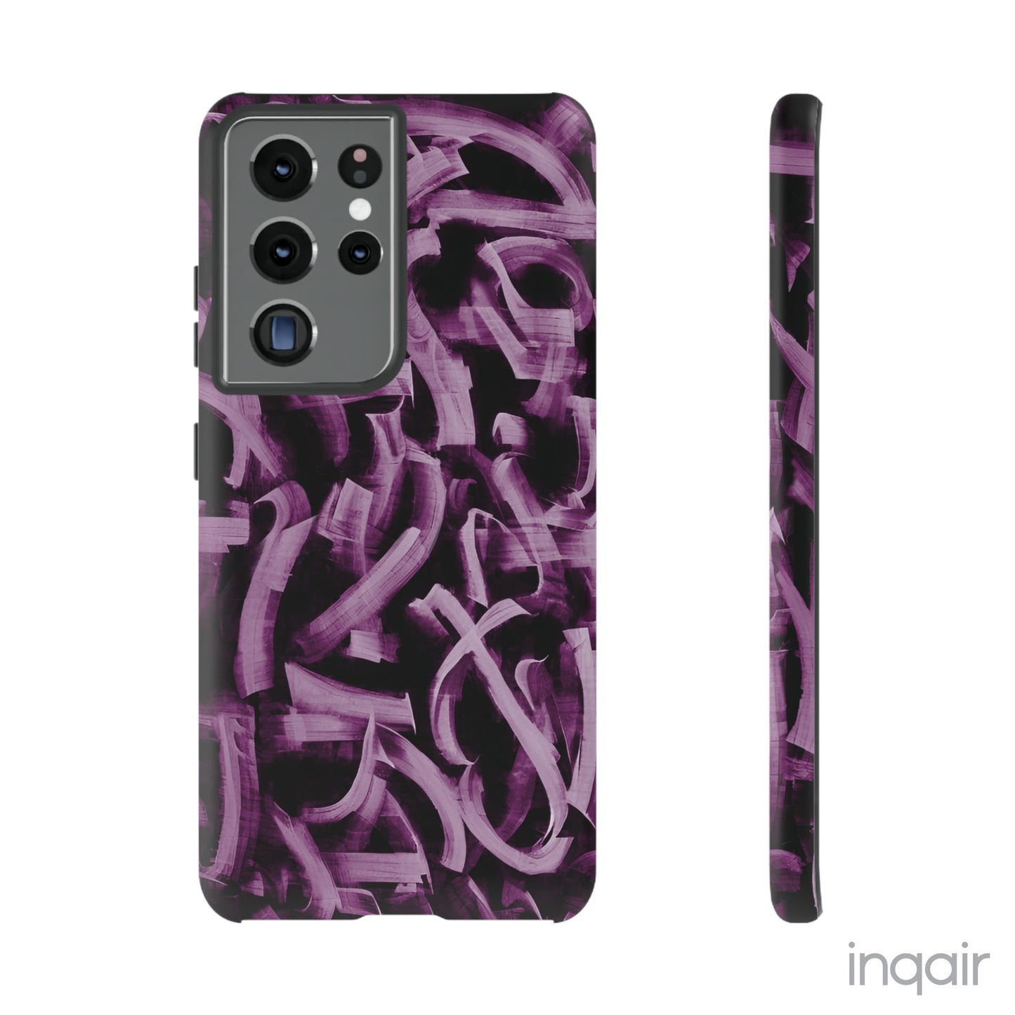 Black phone case with artistic purple brush stroke design compatible with iPhone and Samsung models, stylish and durable protective cover.