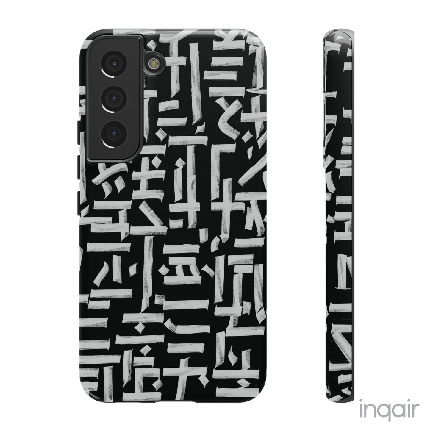 Black phone case with white calligraphy-inspired design, featuring intricate, modern artistic patterns. Suitable for iPhone and Samsung models, this stylish phone accessory protects your device while adding a touch of elegance and creativity.