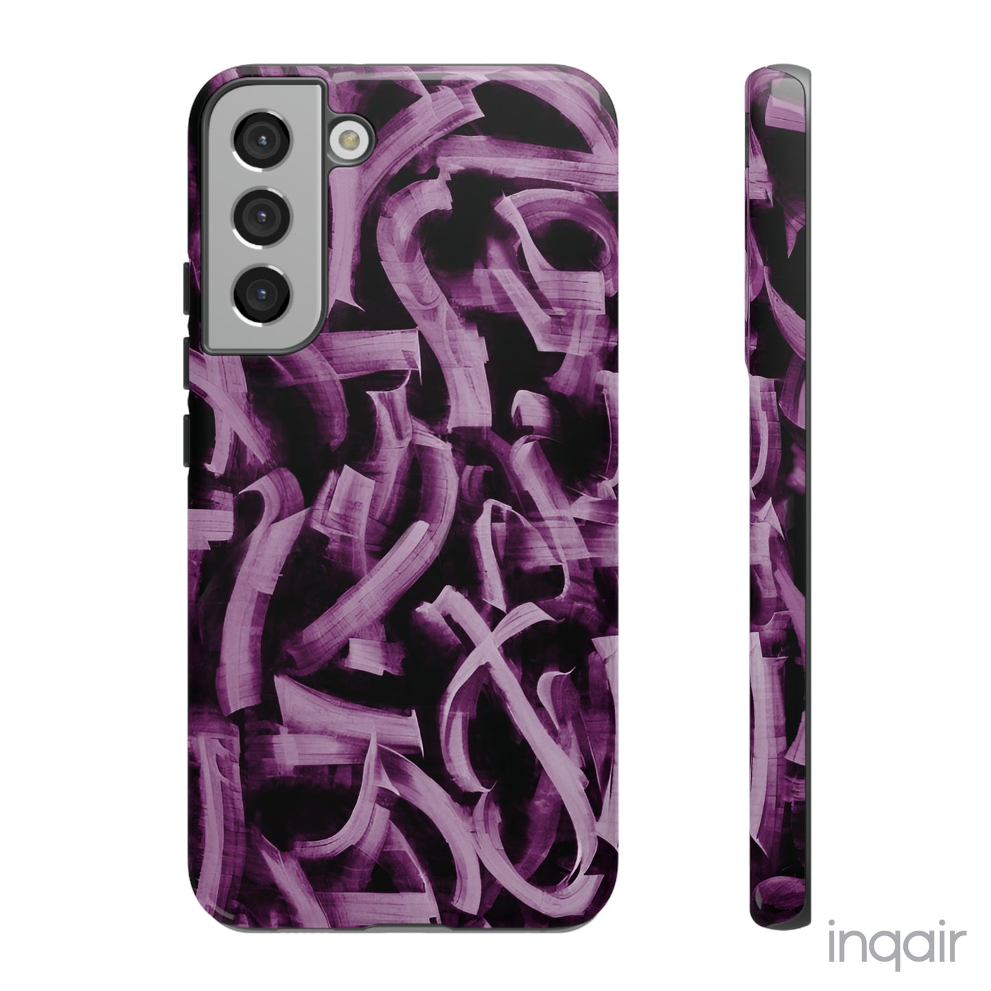 Black phone case with artistic purple brush stroke design compatible with iPhone and Samsung models, stylish and durable protective cover.