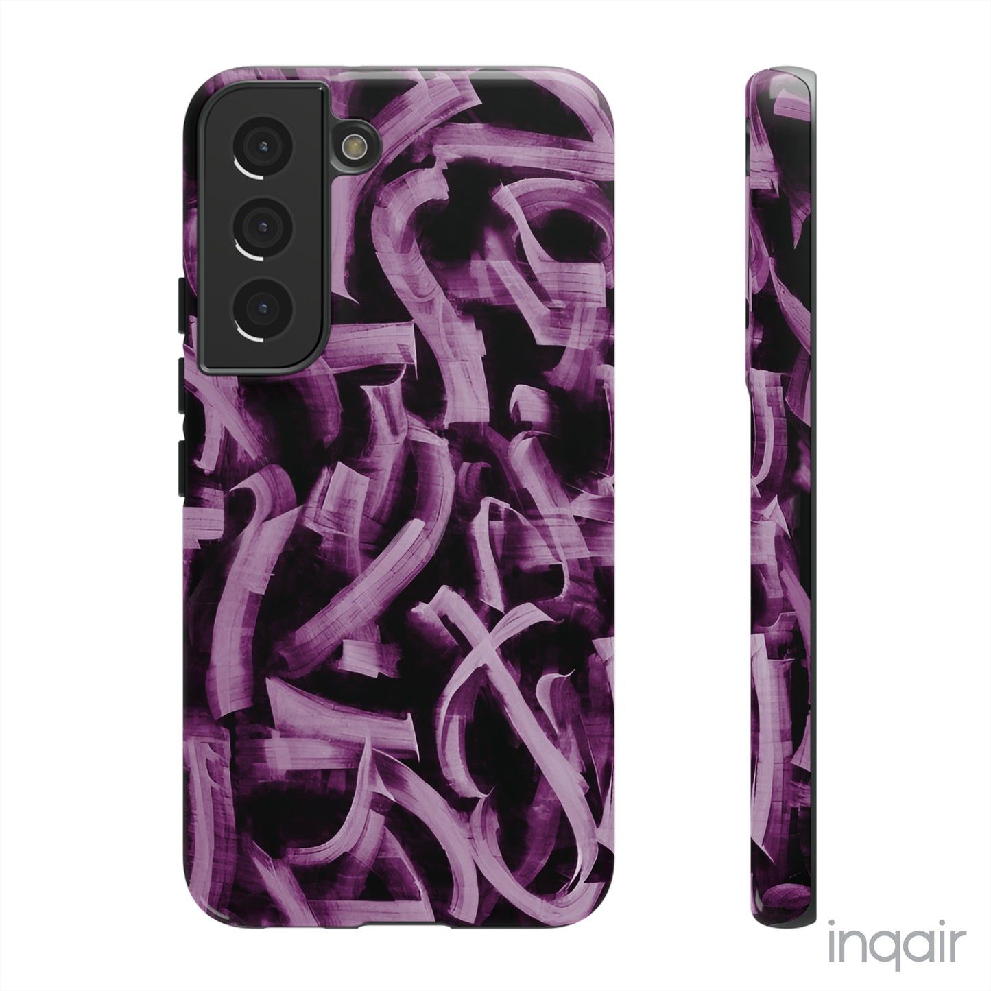 Black phone case with artistic purple brush stroke design compatible with iPhone and Samsung models, stylish and durable protective cover.