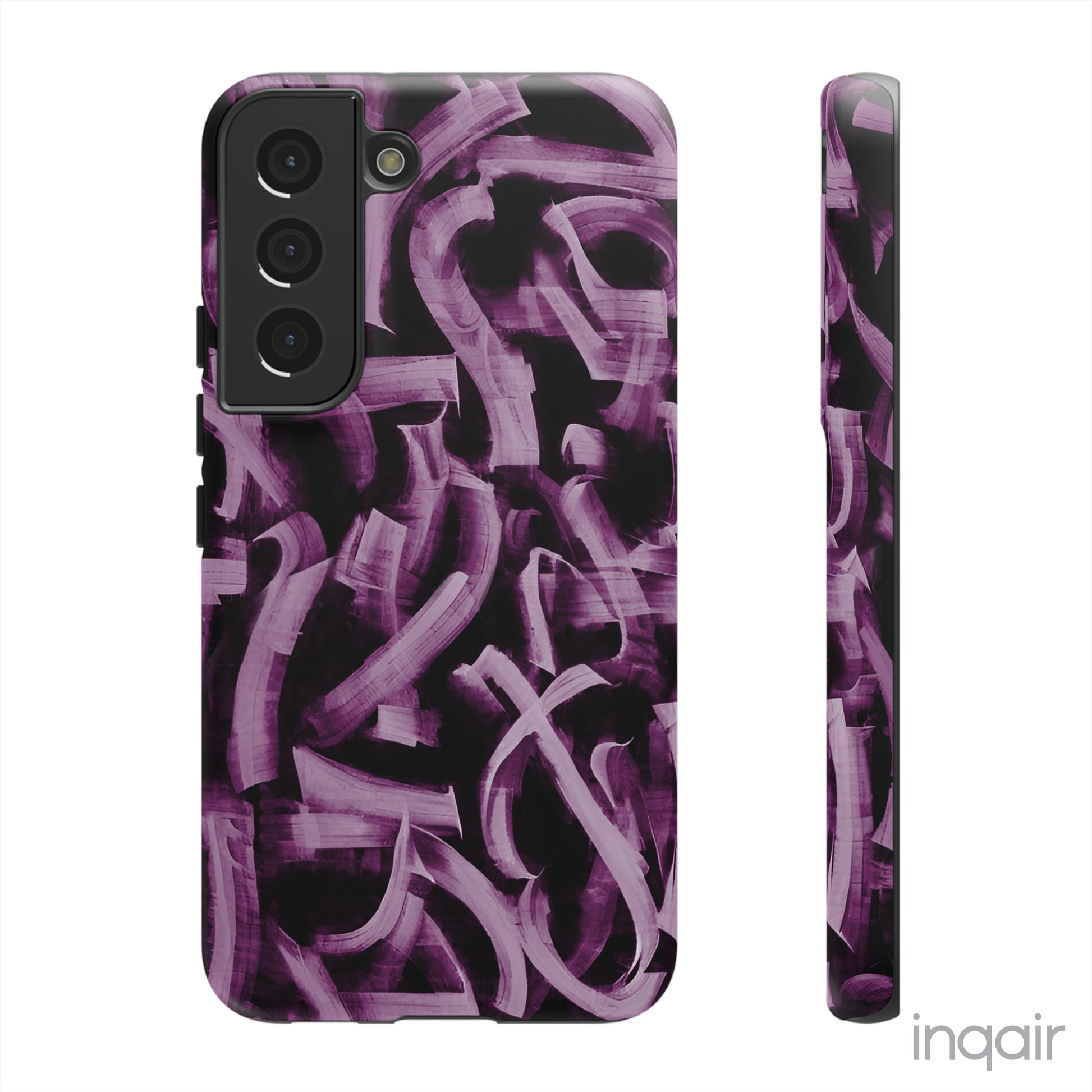 Black phone case with artistic purple brush stroke design compatible with iPhone and Samsung models, stylish and durable protective cover.