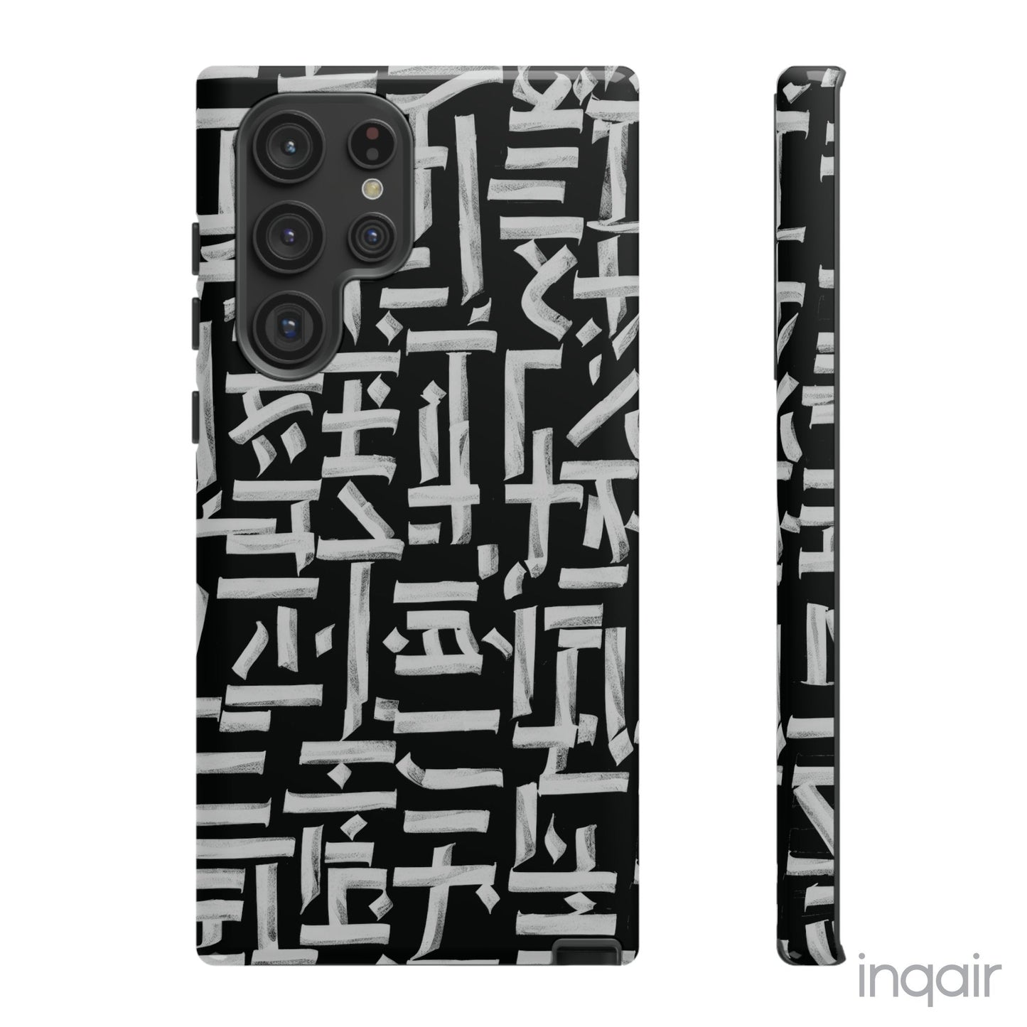 Black phone case with white calligraphy-inspired design, featuring intricate, modern artistic patterns. Suitable for iPhone and Samsung models, this stylish phone accessory protects your device while adding a touch of elegance and creativity.