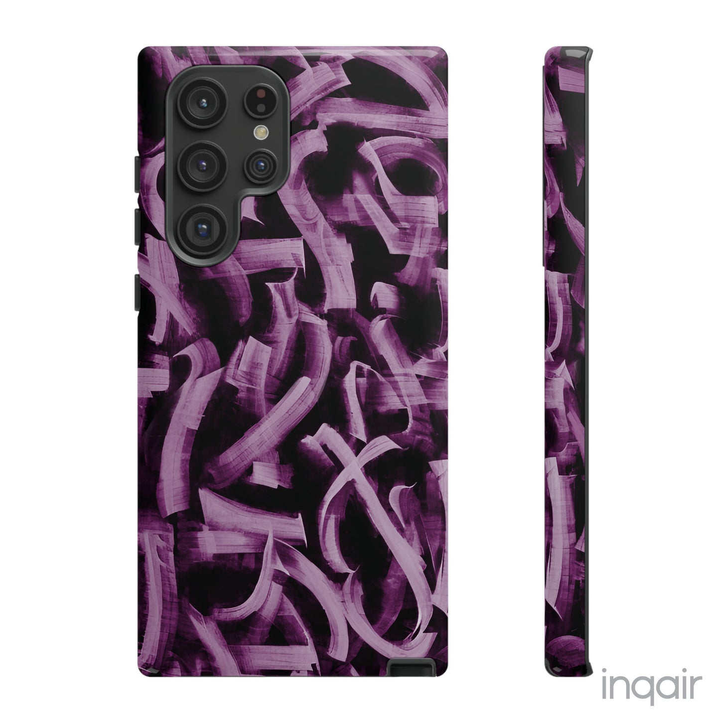 Black phone case with artistic purple brush stroke design compatible with iPhone and Samsung models, stylish and durable protective cover.