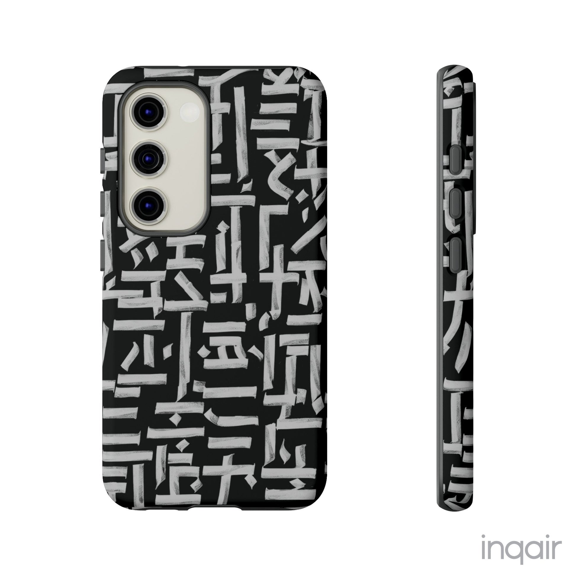 Black phone case with white calligraphy-inspired design, featuring intricate, modern artistic patterns. Suitable for iPhone and Samsung models, this stylish phone accessory protects your device while adding a touch of elegance and creativity.