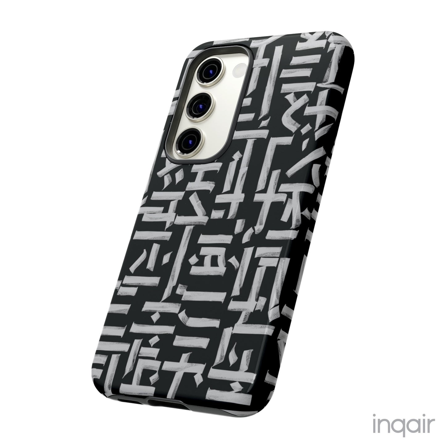 Black phone case with white calligraphy-inspired design, featuring intricate, modern artistic patterns. Suitable for iPhone and Samsung models, this stylish phone accessory protects your device while adding a touch of elegance and creativity.