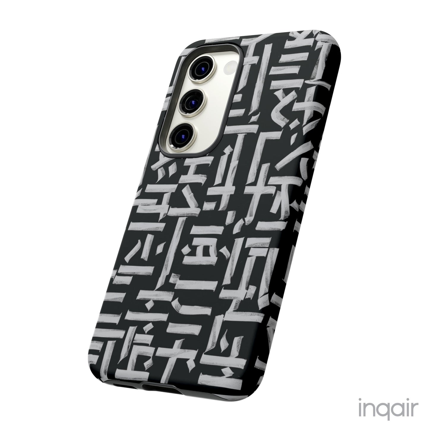 Black phone case with white calligraphy-inspired design, featuring intricate, modern artistic patterns. Suitable for iPhone and Samsung models, this stylish phone accessory protects your device while adding a touch of elegance and creativity.