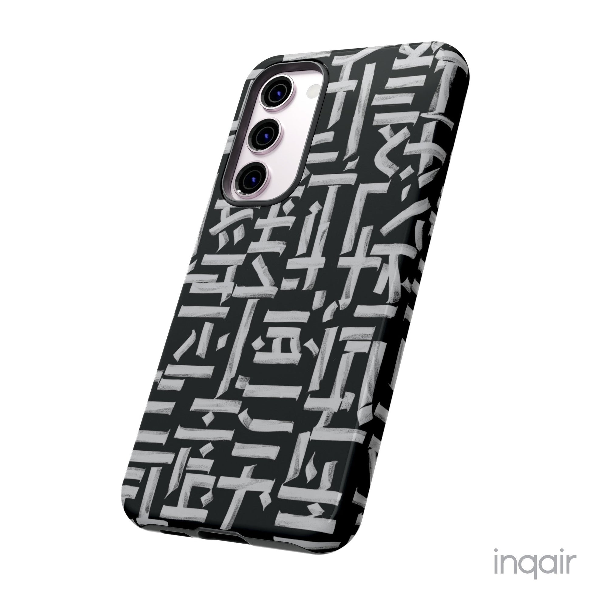 Black phone case with white calligraphy-inspired design, featuring intricate, modern artistic patterns. Suitable for iPhone and Samsung models, this stylish phone accessory protects your device while adding a touch of elegance and creativity.