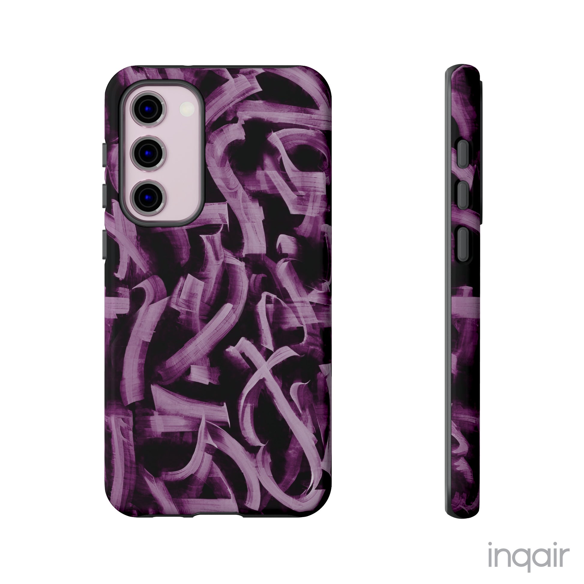 Black phone case with artistic purple brush stroke design compatible with iPhone and Samsung models, stylish and durable protective cover.