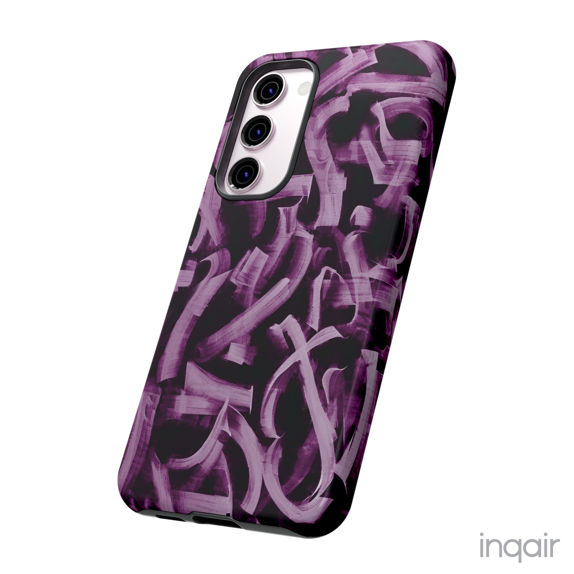 Black phone case with artistic purple brush stroke design compatible with iPhone and Samsung models, stylish and durable protective cover.