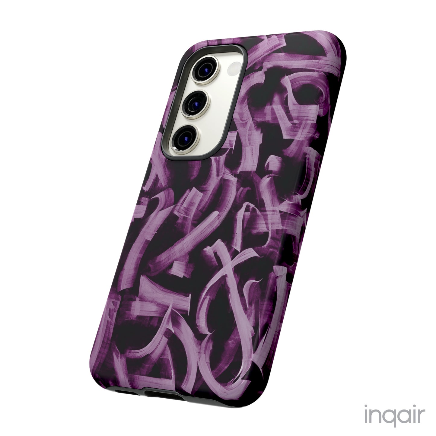 Black phone case with artistic purple brush stroke design compatible with iPhone and Samsung models, stylish and durable protective cover.