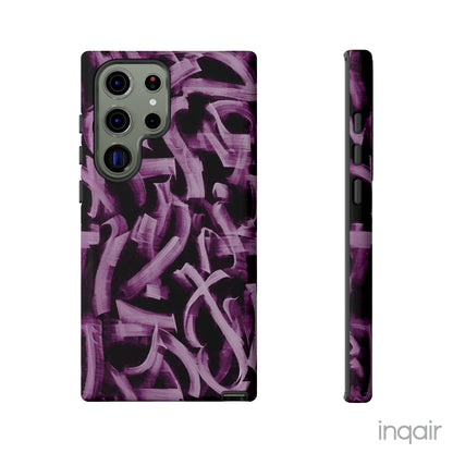 Black phone case with artistic purple brush stroke design compatible with iPhone and Samsung models, stylish and durable protective cover.