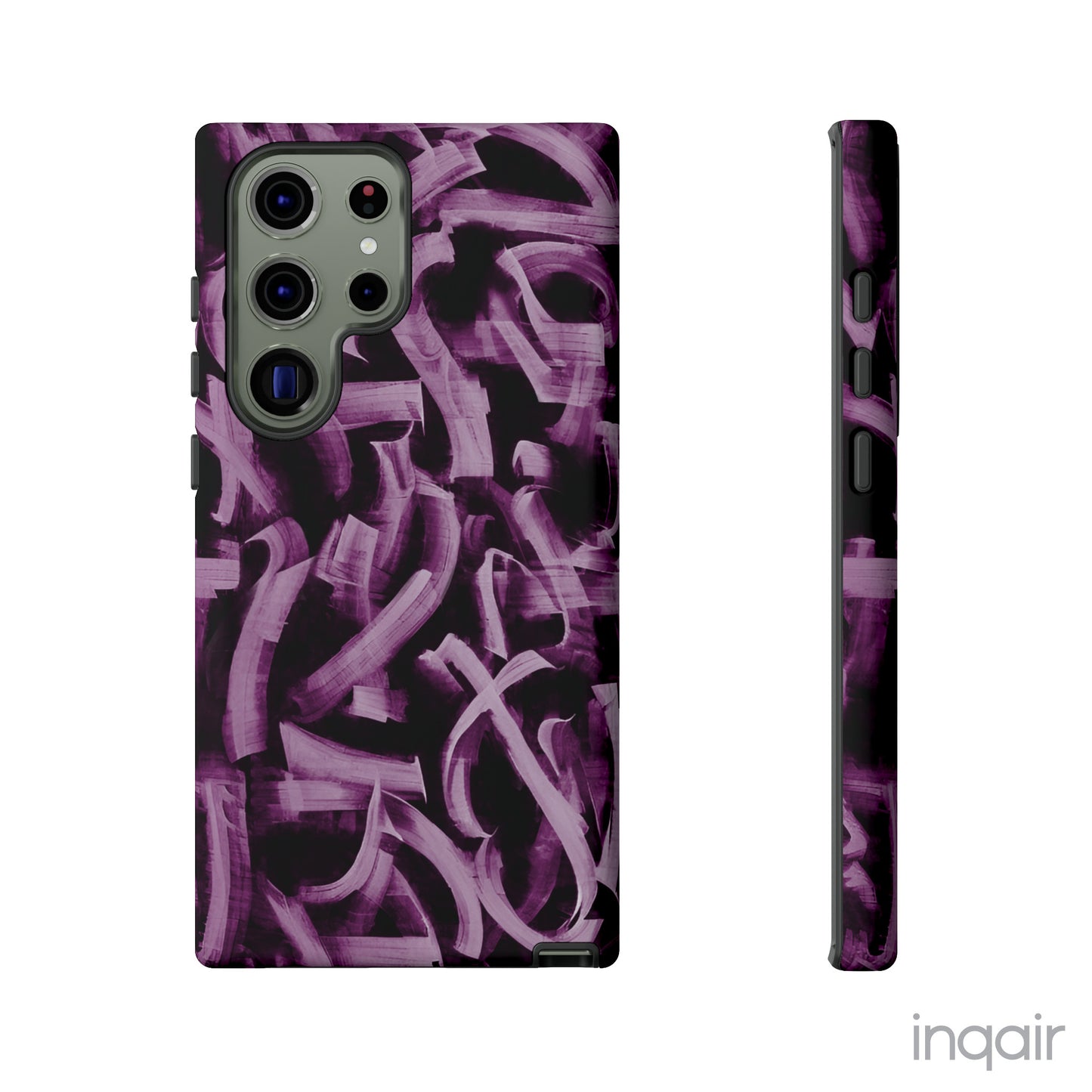 Black phone case with artistic purple brush stroke design compatible with iPhone and Samsung models, stylish and durable protective cover.