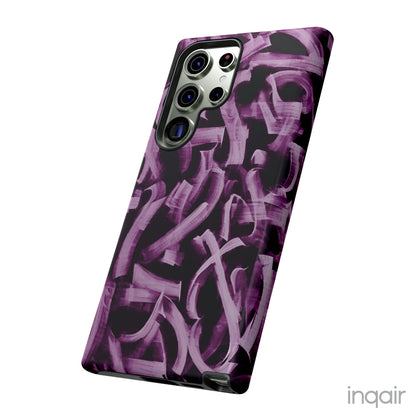 Black phone case with artistic purple brush stroke design compatible with iPhone and Samsung models, stylish and durable protective cover.