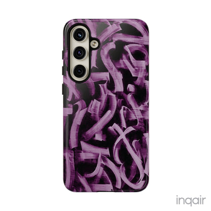 Black phone case with artistic purple brush stroke design compatible with iPhone and Samsung models, stylish and durable protective cover.