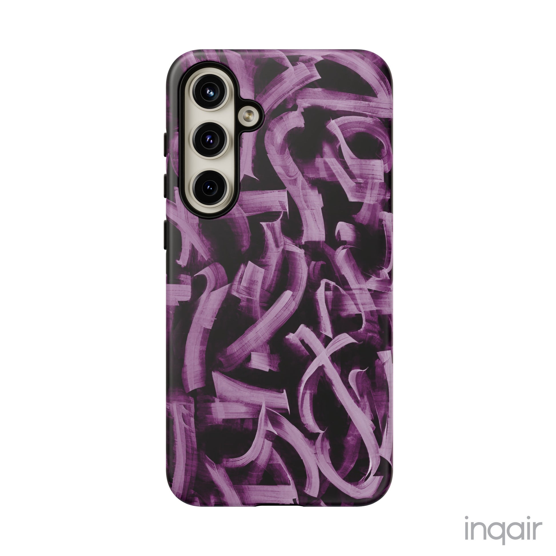 Black phone case with artistic purple brush stroke design compatible with iPhone and Samsung models, stylish and durable protective cover.