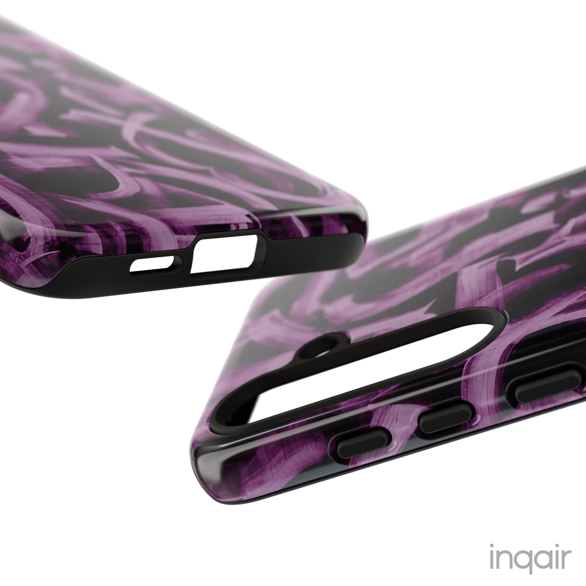 Black phone case with artistic purple brush stroke design compatible with iPhone and Samsung models, stylish and durable protective cover.