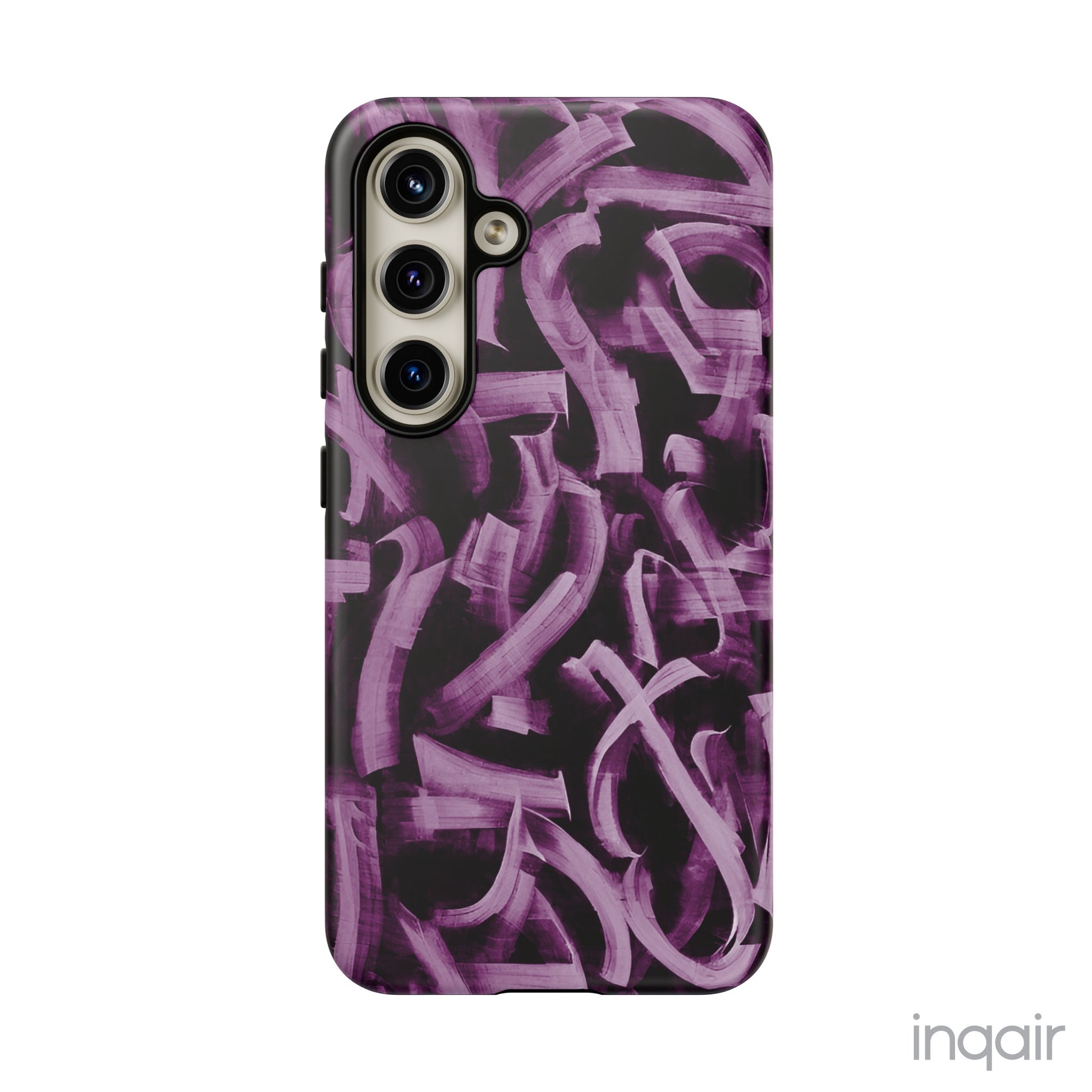 Black phone case with artistic purple brush stroke design compatible with iPhone and Samsung models, stylish and durable protective cover.