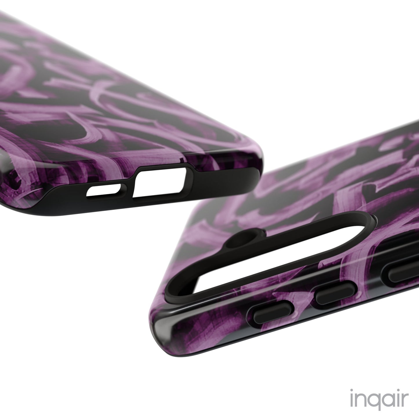 Black phone case with artistic purple brush stroke design compatible with iPhone and Samsung models, stylish and durable protective cover.