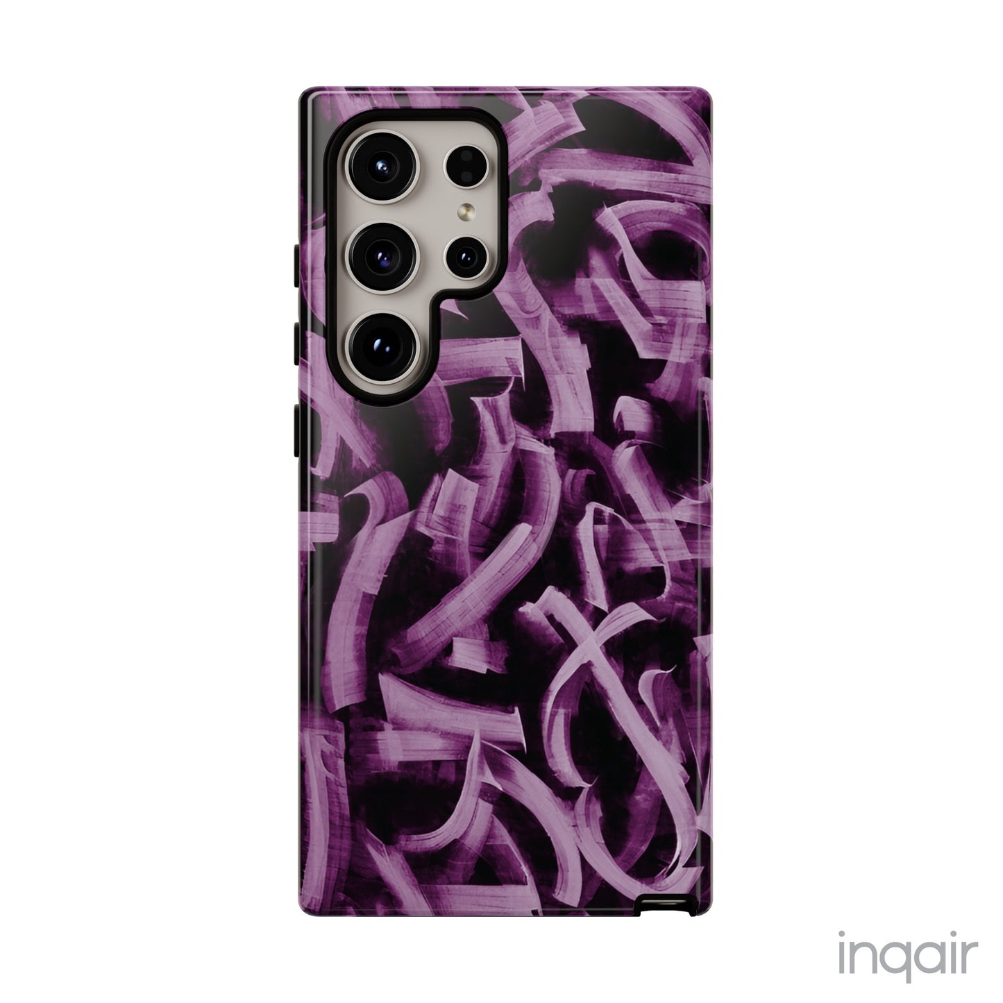 Black phone case with artistic purple brush stroke design compatible with iPhone and Samsung models, stylish and durable protective cover.