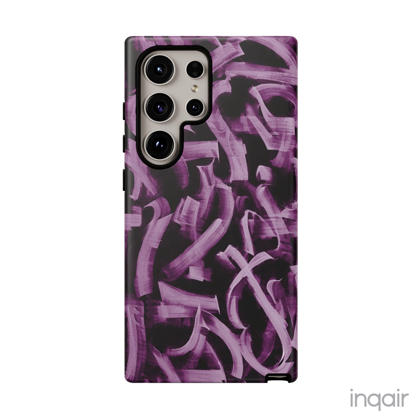 Black phone case with artistic purple brush stroke design compatible with iPhone and Samsung models, stylish and durable protective cover.