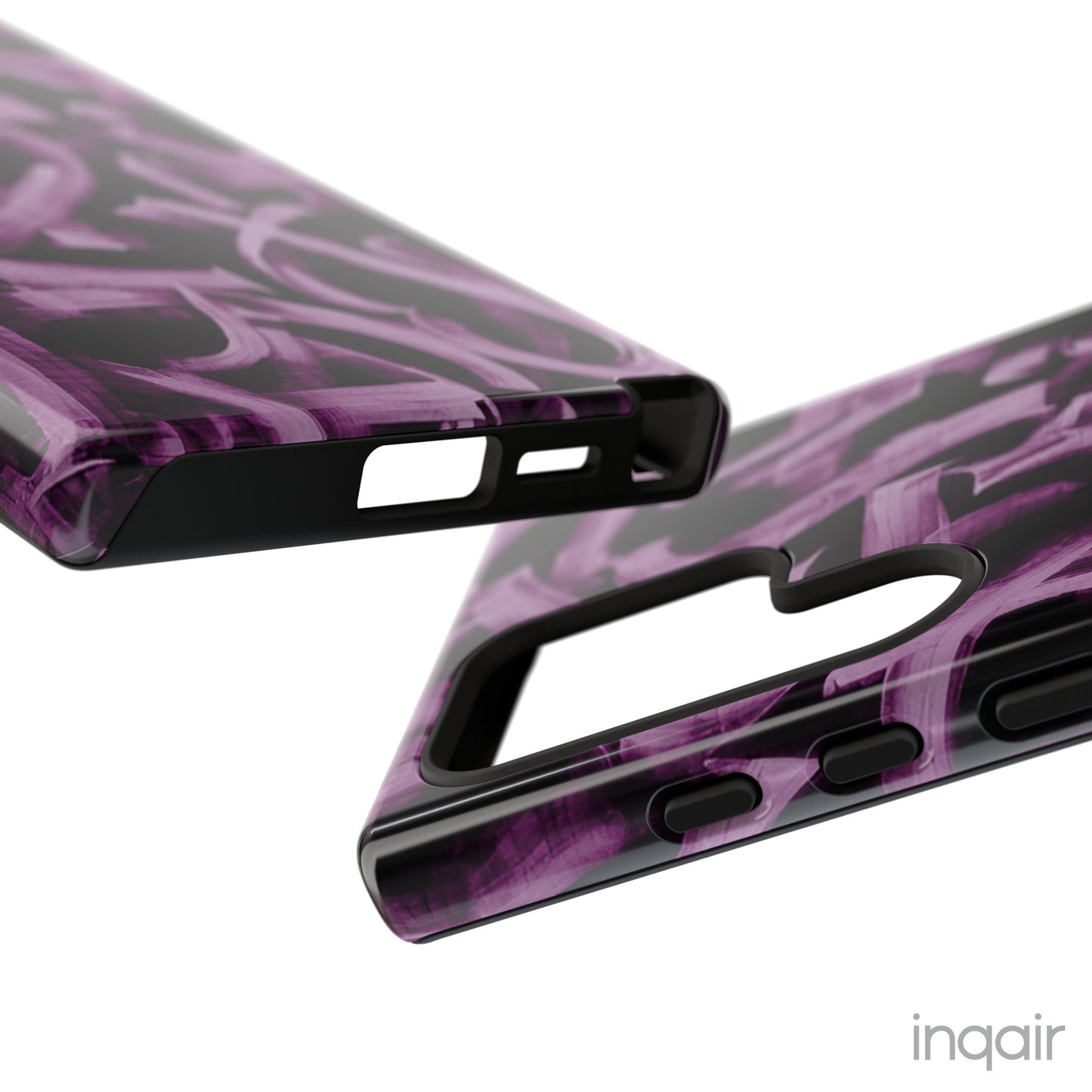 Black phone case with artistic purple brush stroke design compatible with iPhone and Samsung models, stylish and durable protective cover.