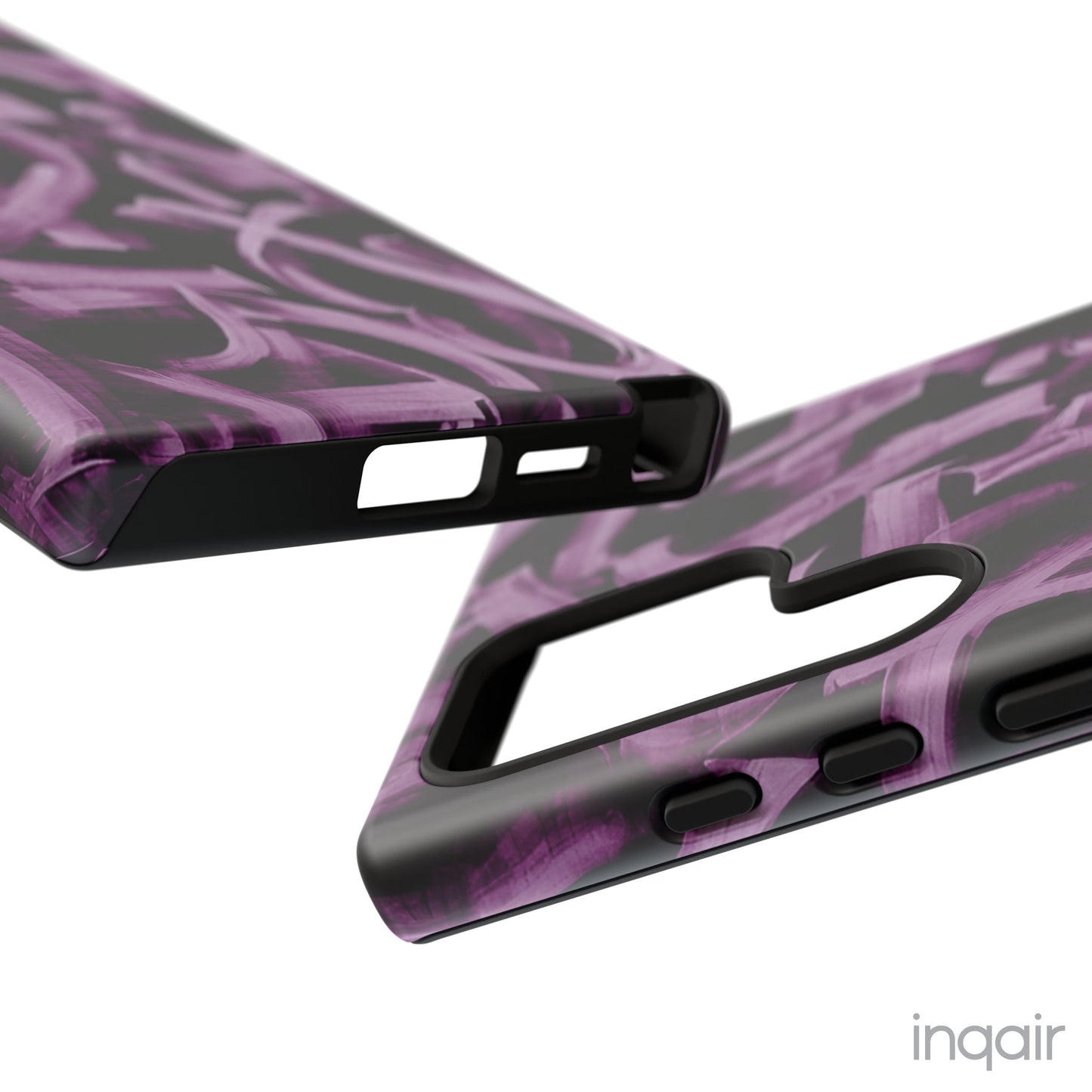 Black phone case with artistic purple brush stroke design compatible with iPhone and Samsung models, stylish and durable protective cover.