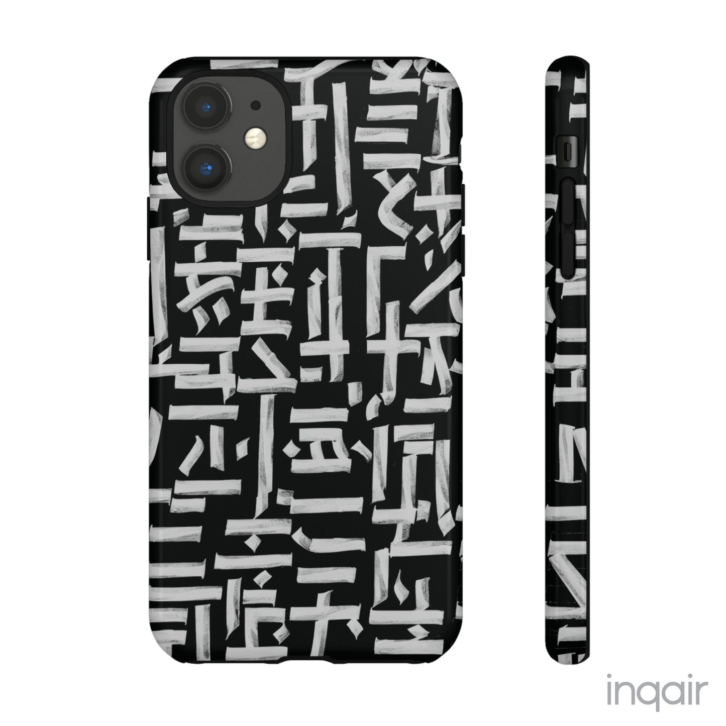 Black phone case with white calligraphy-inspired design, featuring intricate, modern artistic patterns. Suitable for iPhone and Samsung models, this stylish phone accessory protects your device while adding a touch of elegance and creativity.