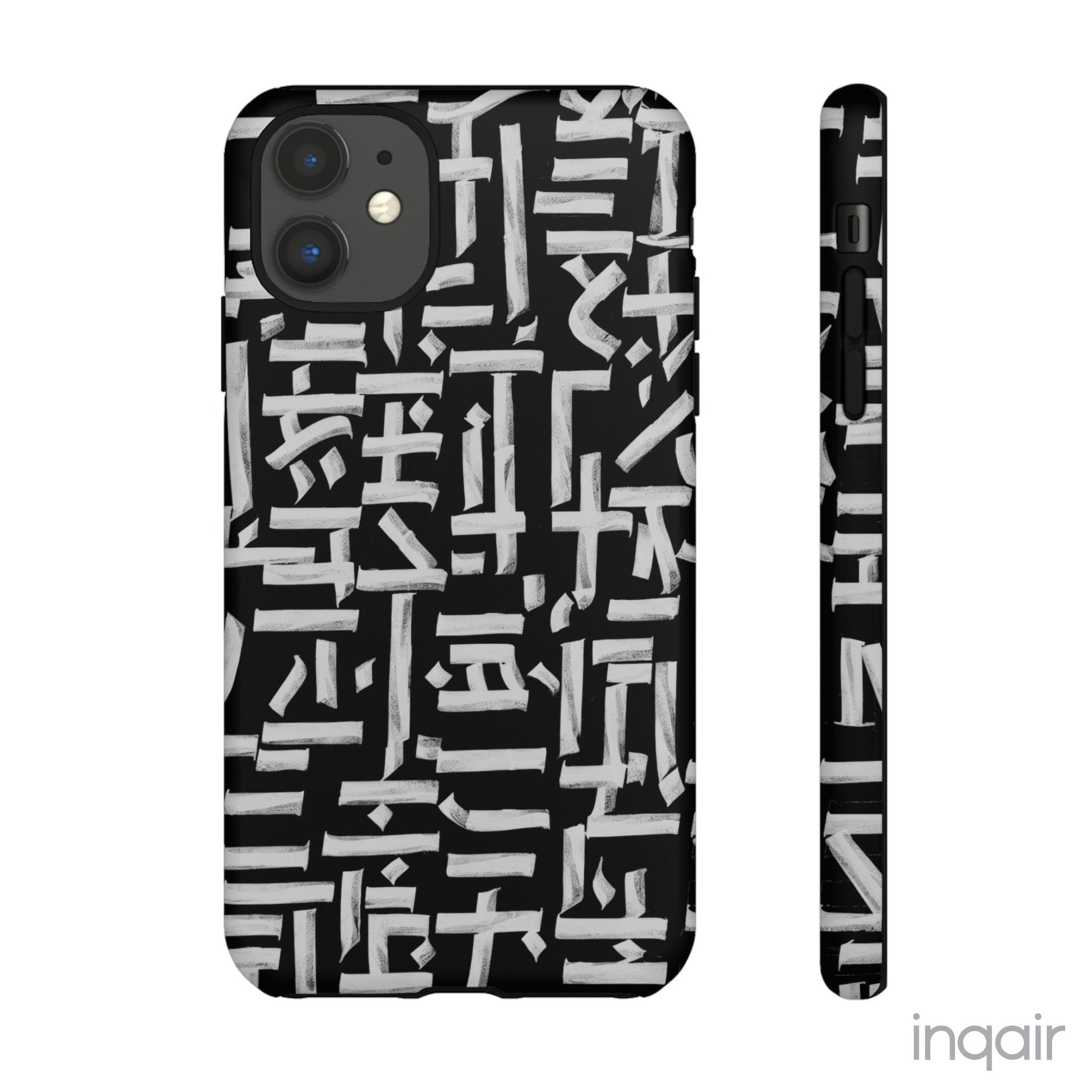 Black phone case with white calligraphy-inspired design, featuring intricate, modern artistic patterns. Suitable for iPhone and Samsung models, this stylish phone accessory protects your device while adding a touch of elegance and creativity.