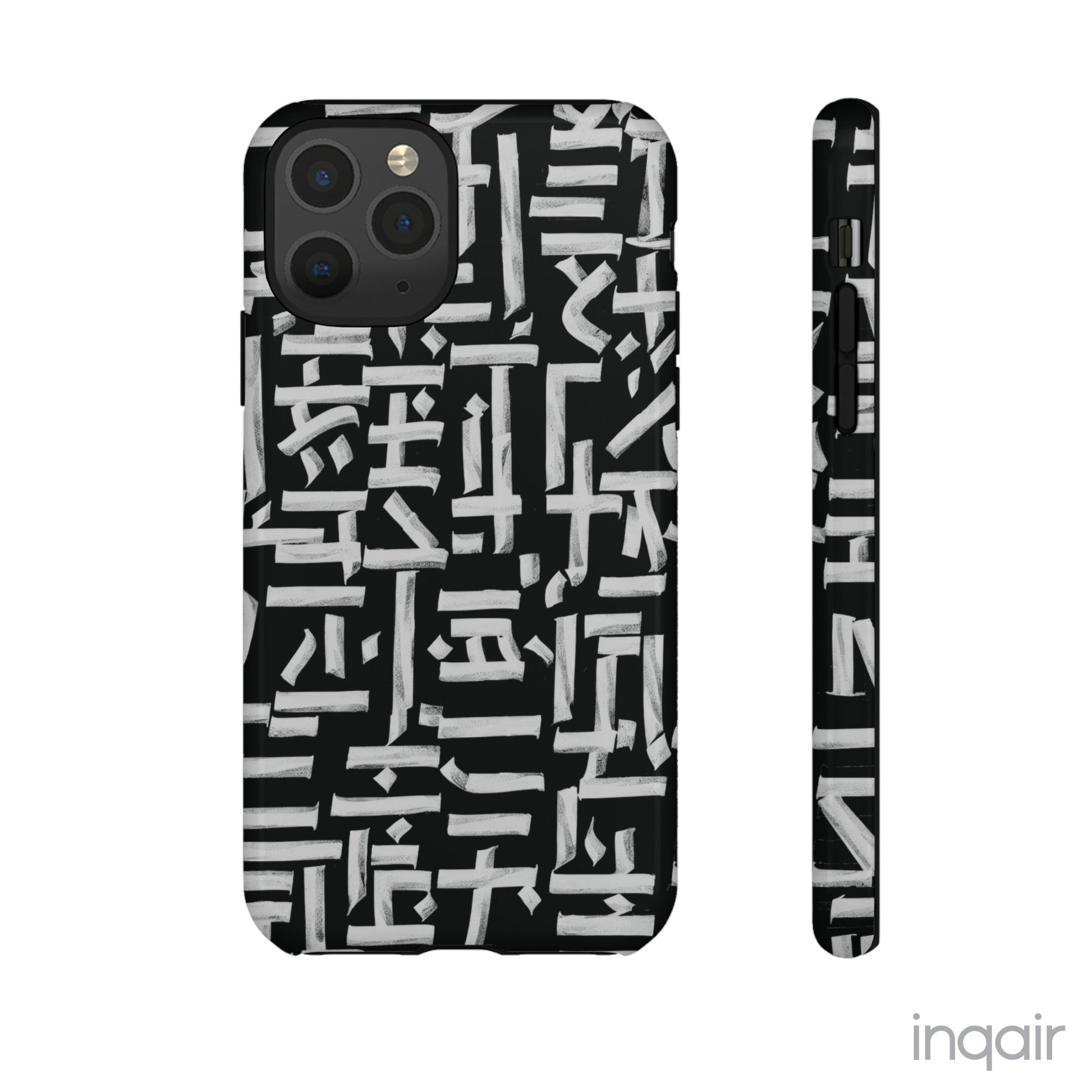 Black phone case with white calligraphy-inspired design, featuring intricate, modern artistic patterns. Suitable for iPhone and Samsung models, this stylish phone accessory protects your device while adding a touch of elegance and creativity.