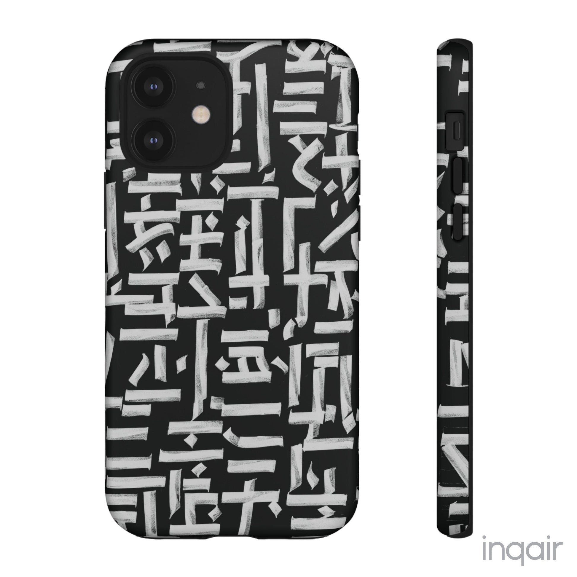 Black phone case with white calligraphy-inspired design, featuring intricate, modern artistic patterns. Suitable for iPhone and Samsung models, this stylish phone accessory protects your device while adding a touch of elegance and creativity.