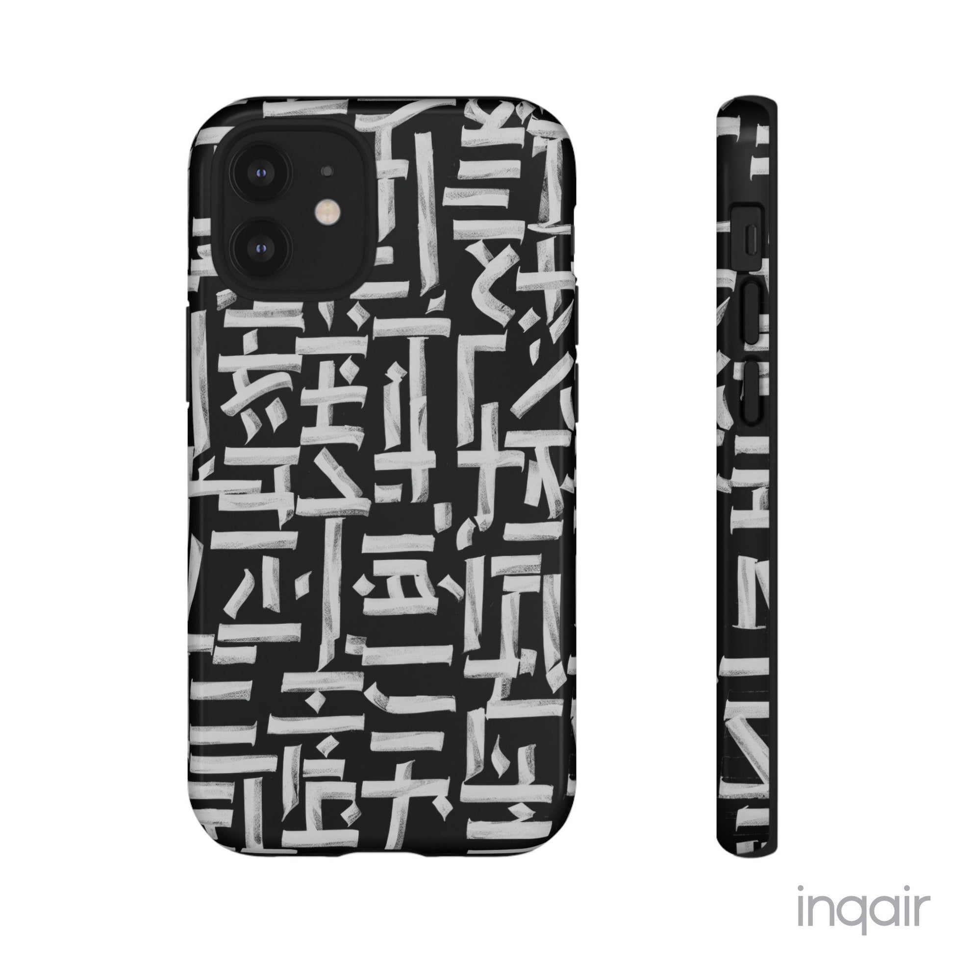 Black phone case with white calligraphy-inspired design, featuring intricate, modern artistic patterns. Suitable for iPhone and Samsung models, this stylish phone accessory protects your device while adding a touch of elegance and creativity.