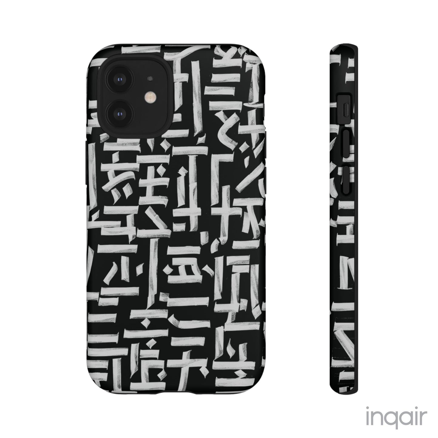 Black phone case with white calligraphy-inspired design, featuring intricate, modern artistic patterns. Suitable for iPhone and Samsung models, this stylish phone accessory protects your device while adding a touch of elegance and creativity.