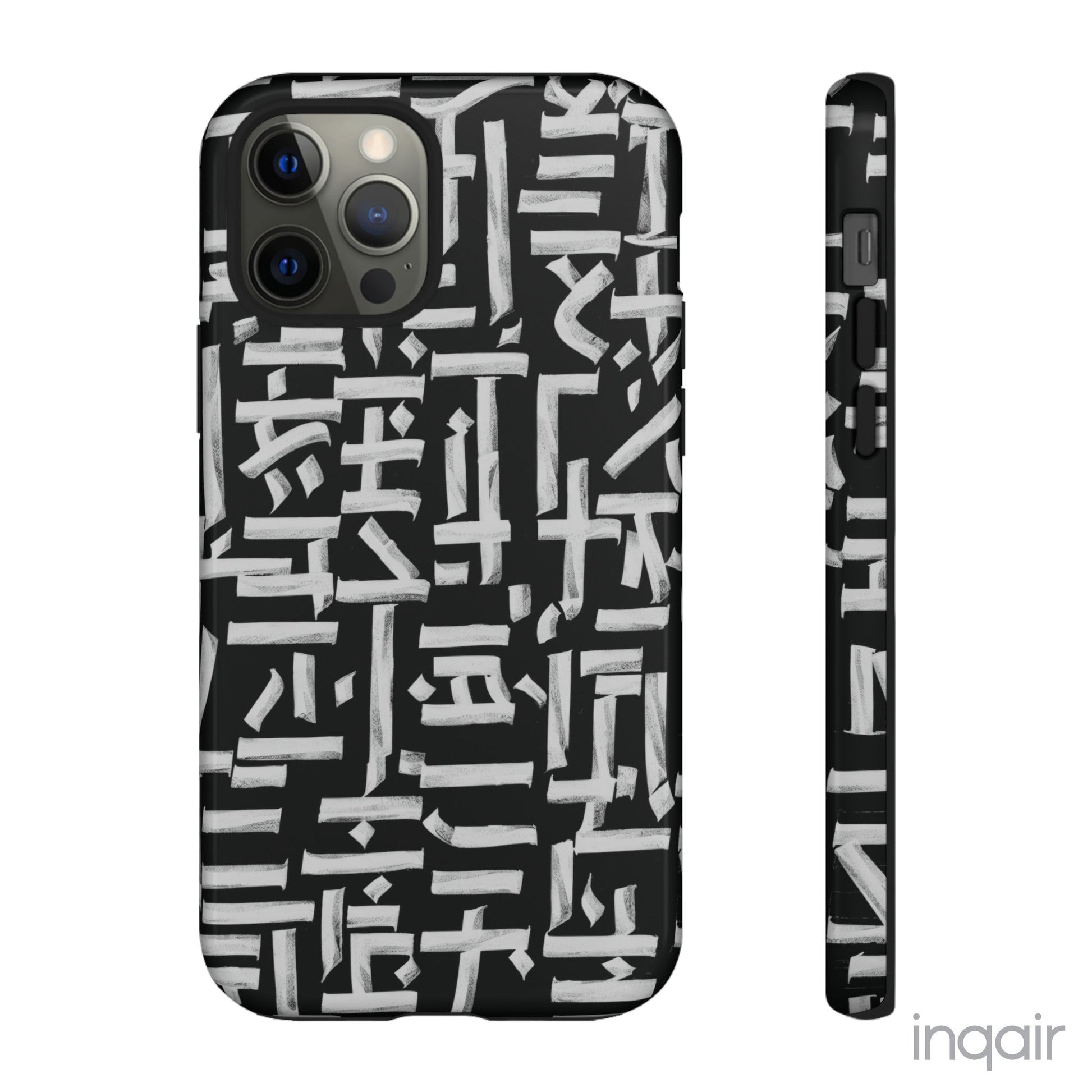 Black phone case with white calligraphy-inspired design, featuring intricate, modern artistic patterns. Suitable for iPhone and Samsung models, this stylish phone accessory protects your device while adding a touch of elegance and creativity.