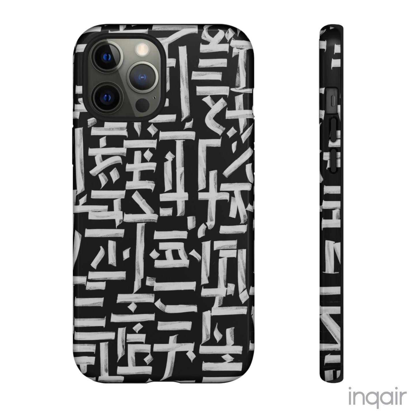 Black phone case with white calligraphy-inspired design, featuring intricate, modern artistic patterns. Suitable for iPhone and Samsung models, this stylish phone accessory protects your device while adding a touch of elegance and creativity.