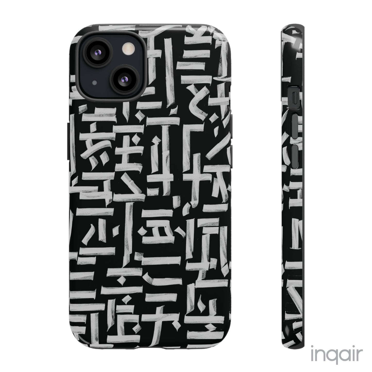 Black phone case with white calligraphy-inspired design, featuring intricate, modern artistic patterns. Suitable for iPhone and Samsung models, this stylish phone accessory protects your device while adding a touch of elegance and creativity.