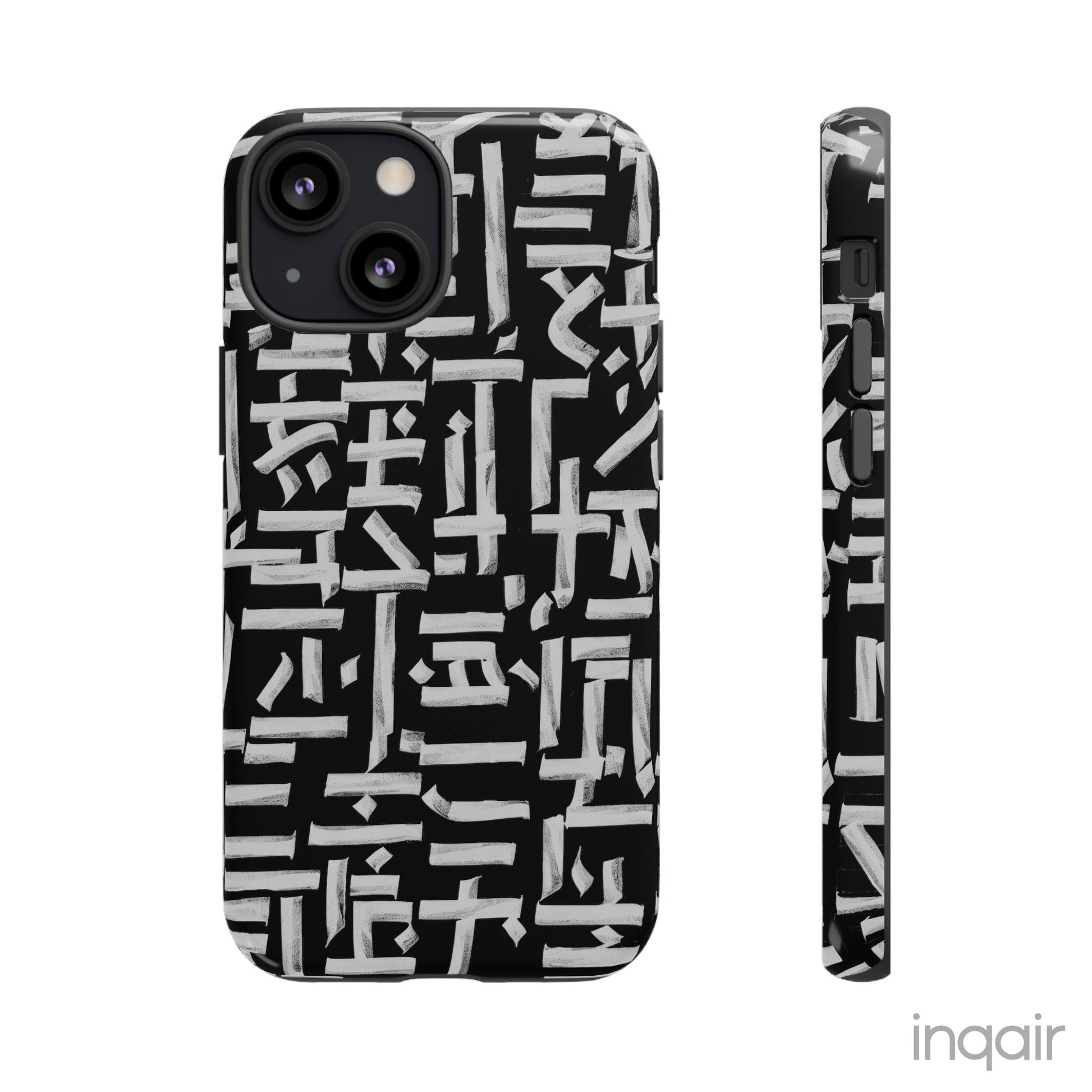 Black phone case with white calligraphy-inspired design, featuring intricate, modern artistic patterns. Suitable for iPhone and Samsung models, this stylish phone accessory protects your device while adding a touch of elegance and creativity.