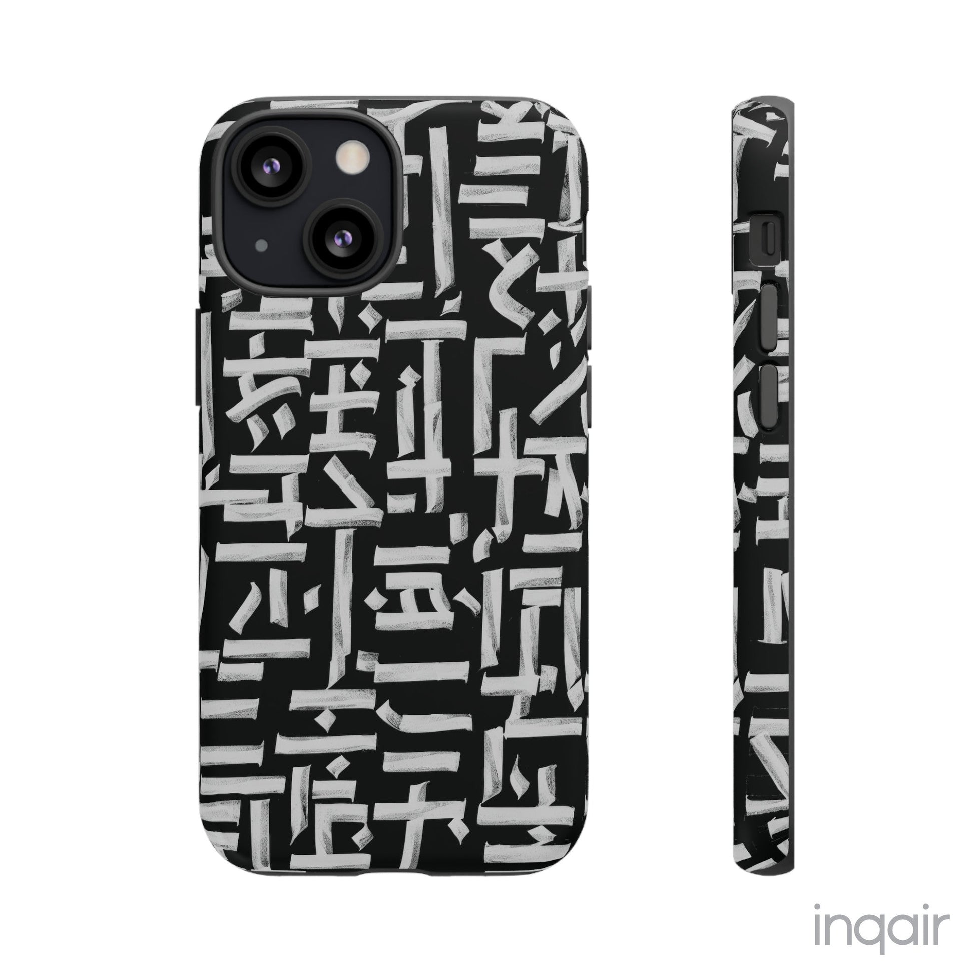 Black phone case with white calligraphy-inspired design, featuring intricate, modern artistic patterns. Suitable for iPhone and Samsung models, this stylish phone accessory protects your device while adding a touch of elegance and creativity.