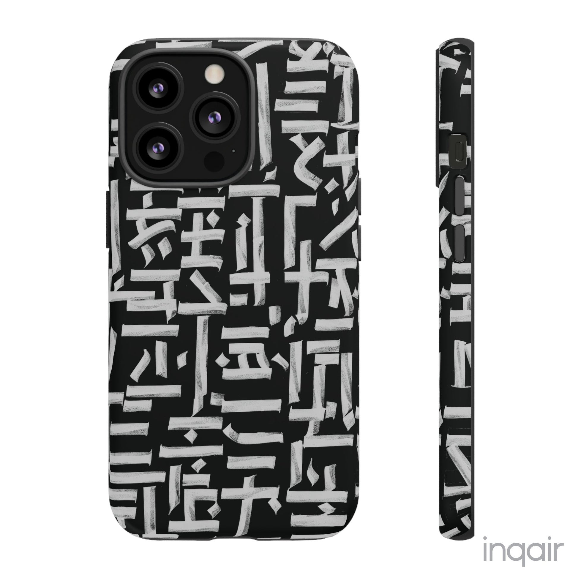 Black phone case with white calligraphy-inspired design, featuring intricate, modern artistic patterns. Suitable for iPhone and Samsung models, this stylish phone accessory protects your device while adding a touch of elegance and creativity.