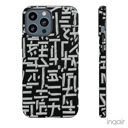 Black phone case with white calligraphy-inspired design, featuring intricate, modern artistic patterns. Suitable for iPhone and Samsung models, this stylish phone accessory protects your device while adding a touch of elegance and creativity.