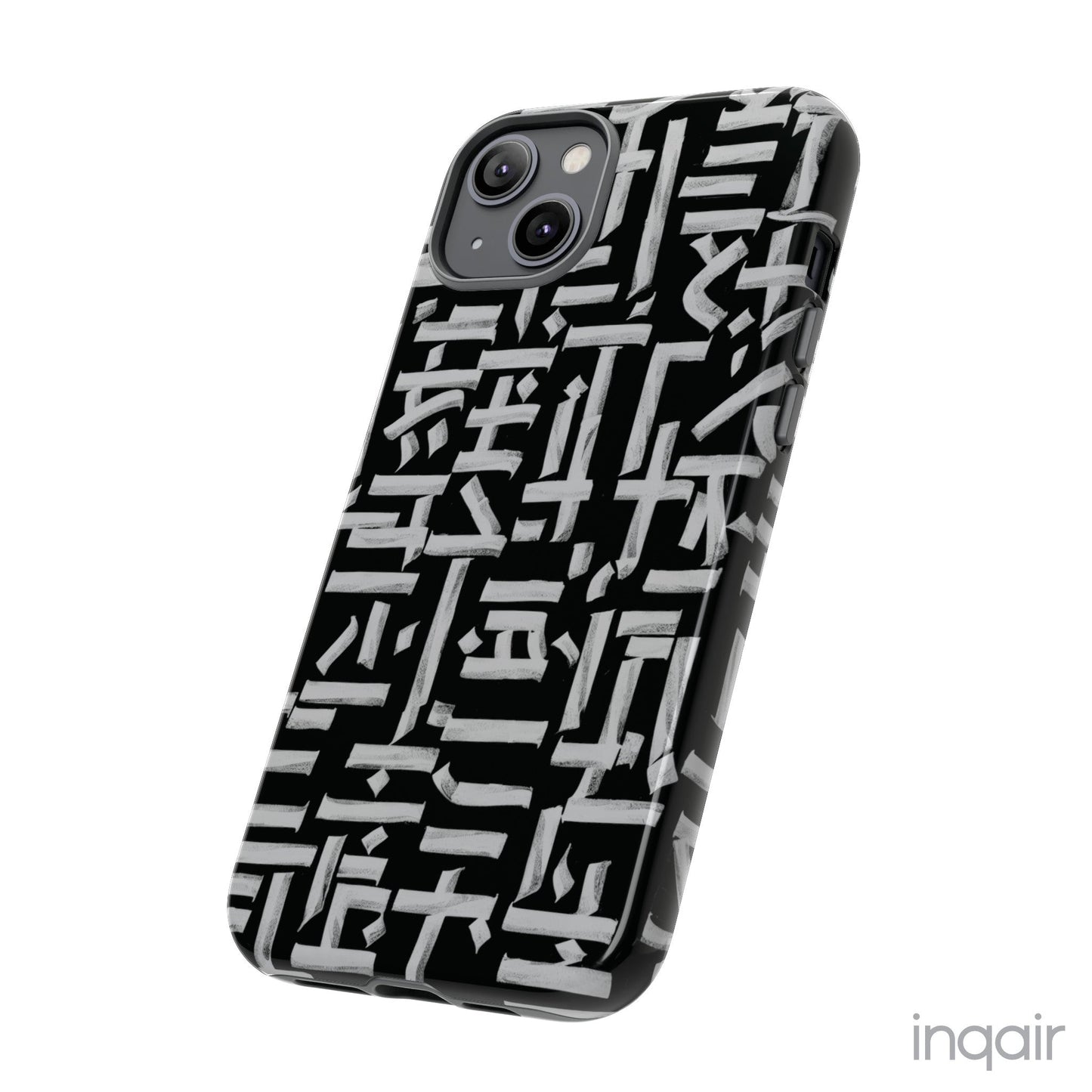 Black phone case with white calligraphy-inspired design, featuring intricate, modern artistic patterns. Suitable for iPhone and Samsung models, this stylish phone accessory protects your device while adding a touch of elegance and creativity.