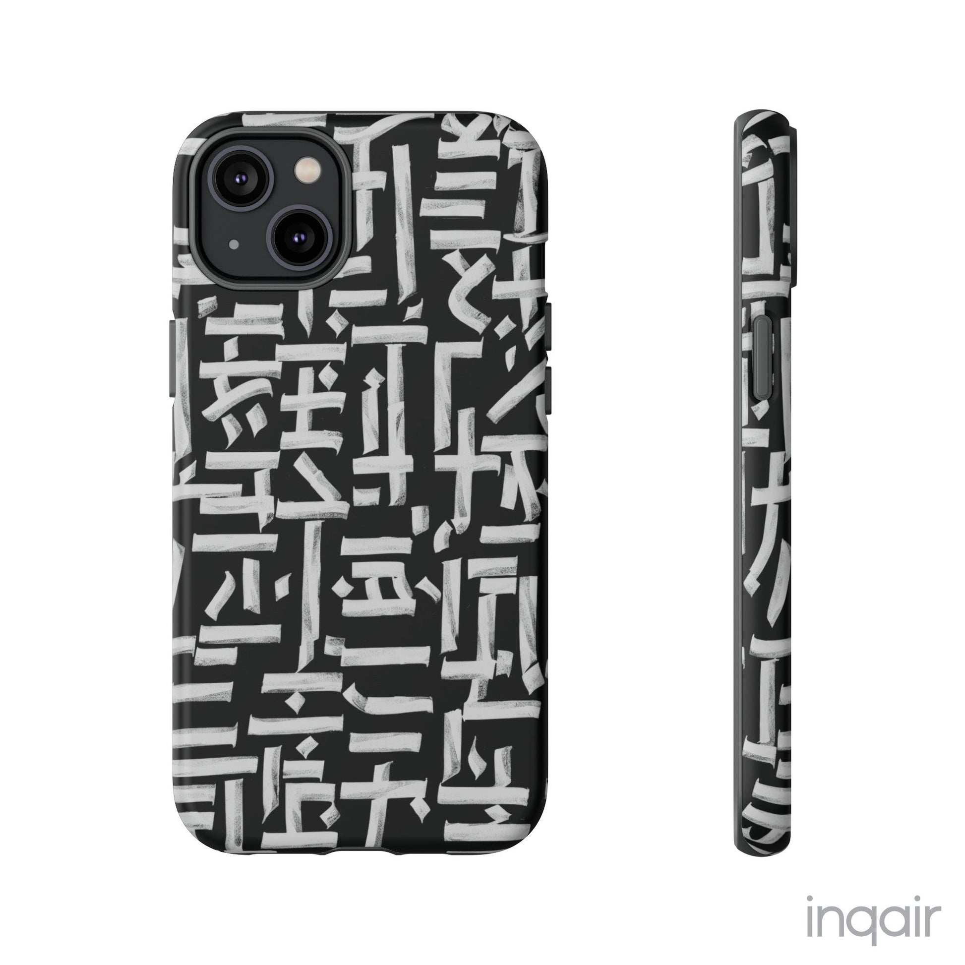 Black phone case with white calligraphy-inspired design, featuring intricate, modern artistic patterns. Suitable for iPhone and Samsung models, this stylish phone accessory protects your device while adding a touch of elegance and creativity.