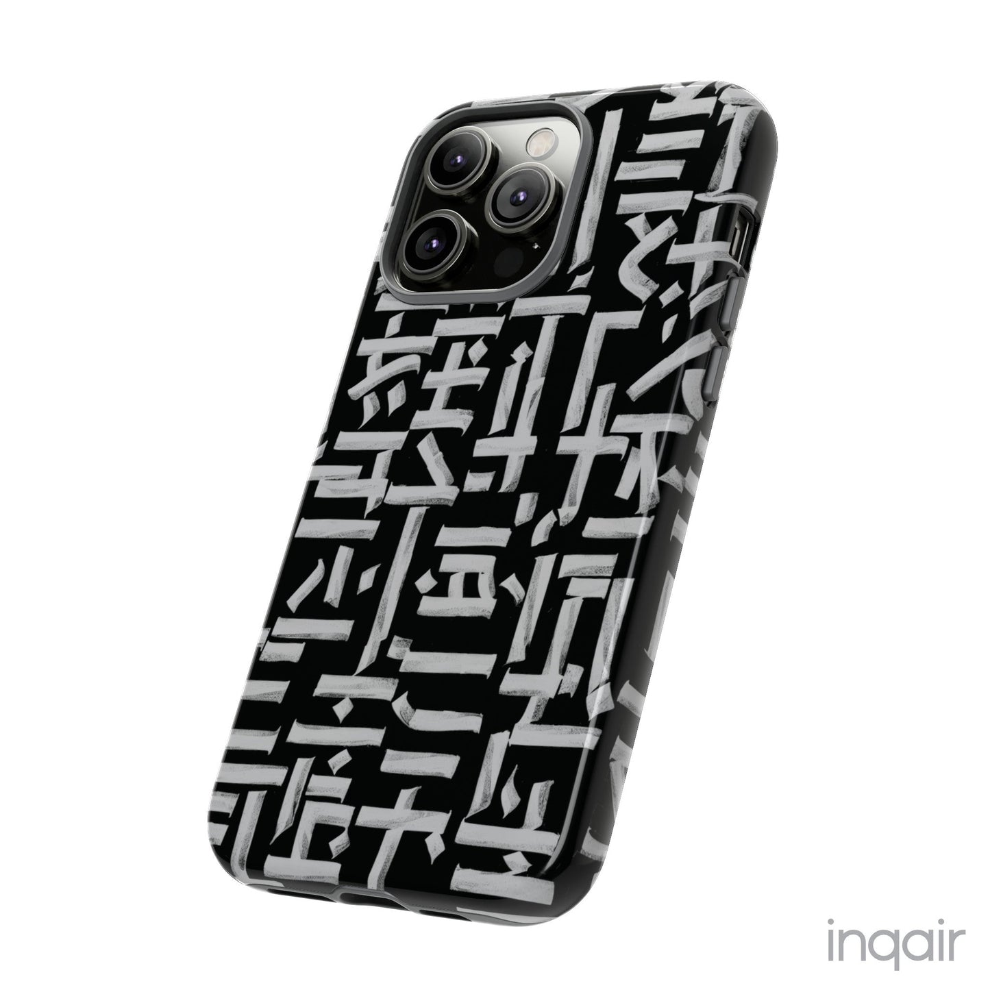 Black phone case with white calligraphy-inspired design, featuring intricate, modern artistic patterns. Suitable for iPhone and Samsung models, this stylish phone accessory protects your device while adding a touch of elegance and creativity.