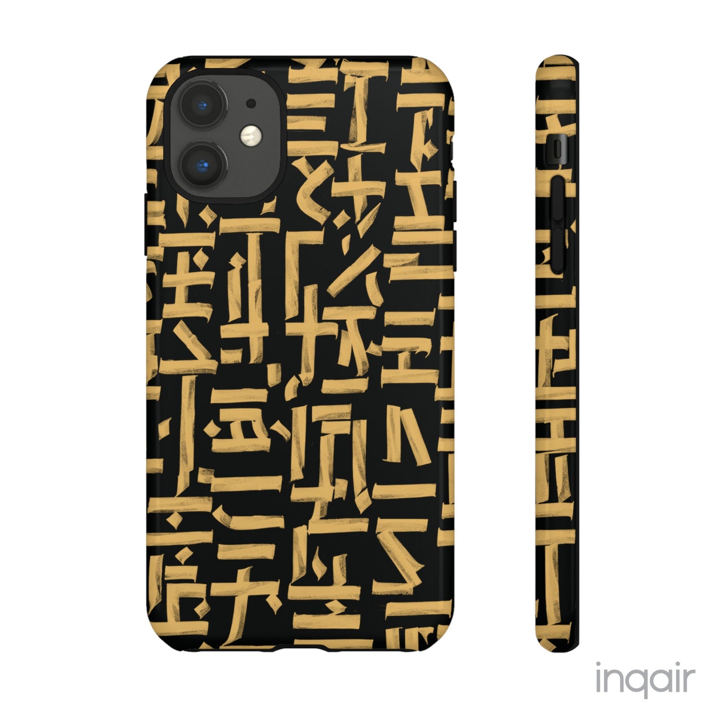 Black phone case with gold calligraphy design. Fits iPhone and Samsung models. Stylish and unique, offering both protection and a touch of luxury.