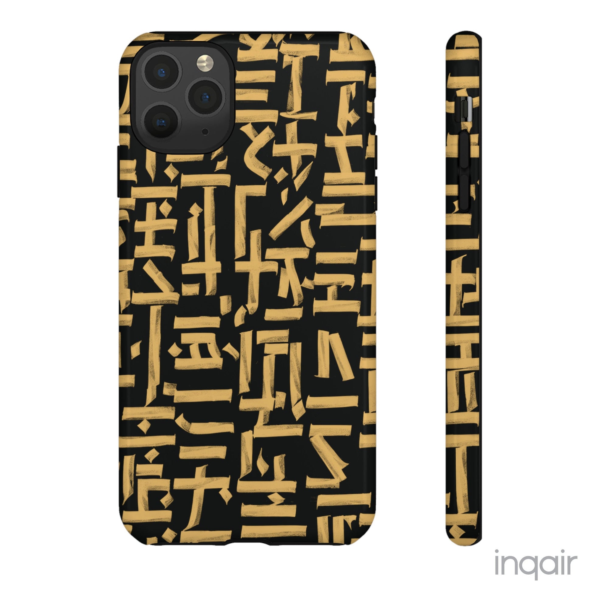 Black phone case with gold calligraphy design. Fits iPhone and Samsung models. Stylish and unique, offering both protection and a touch of luxury.