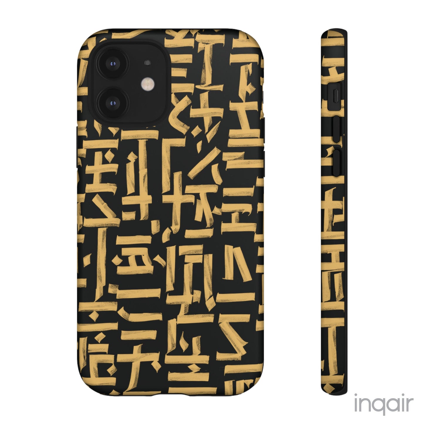 Black phone case with gold calligraphy design. Fits iPhone and Samsung models. Stylish and unique, offering both protection and a touch of luxury.