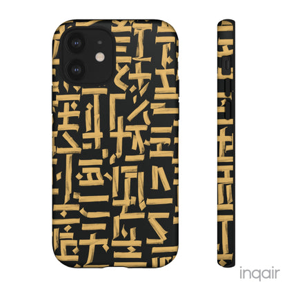 Black phone case with gold calligraphy design. Fits iPhone and Samsung models. Stylish and unique, offering both protection and a touch of luxury.