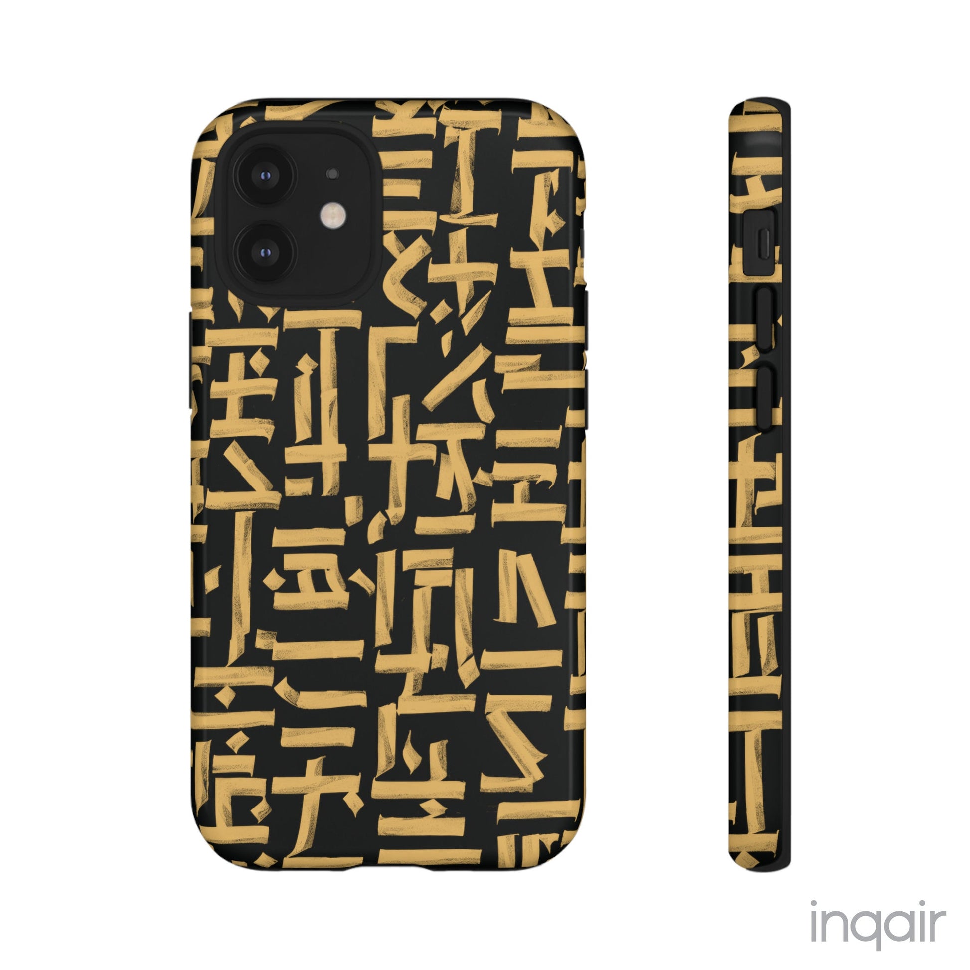 Black phone case with gold calligraphy design. Fits iPhone and Samsung models. Stylish and unique, offering both protection and a touch of luxury.